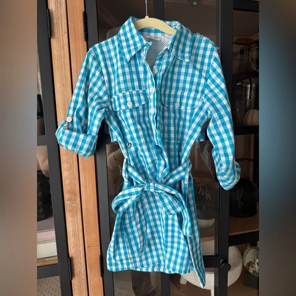Prodoh button down shirt dress long sleeve gingham embroidered logo toddler girl